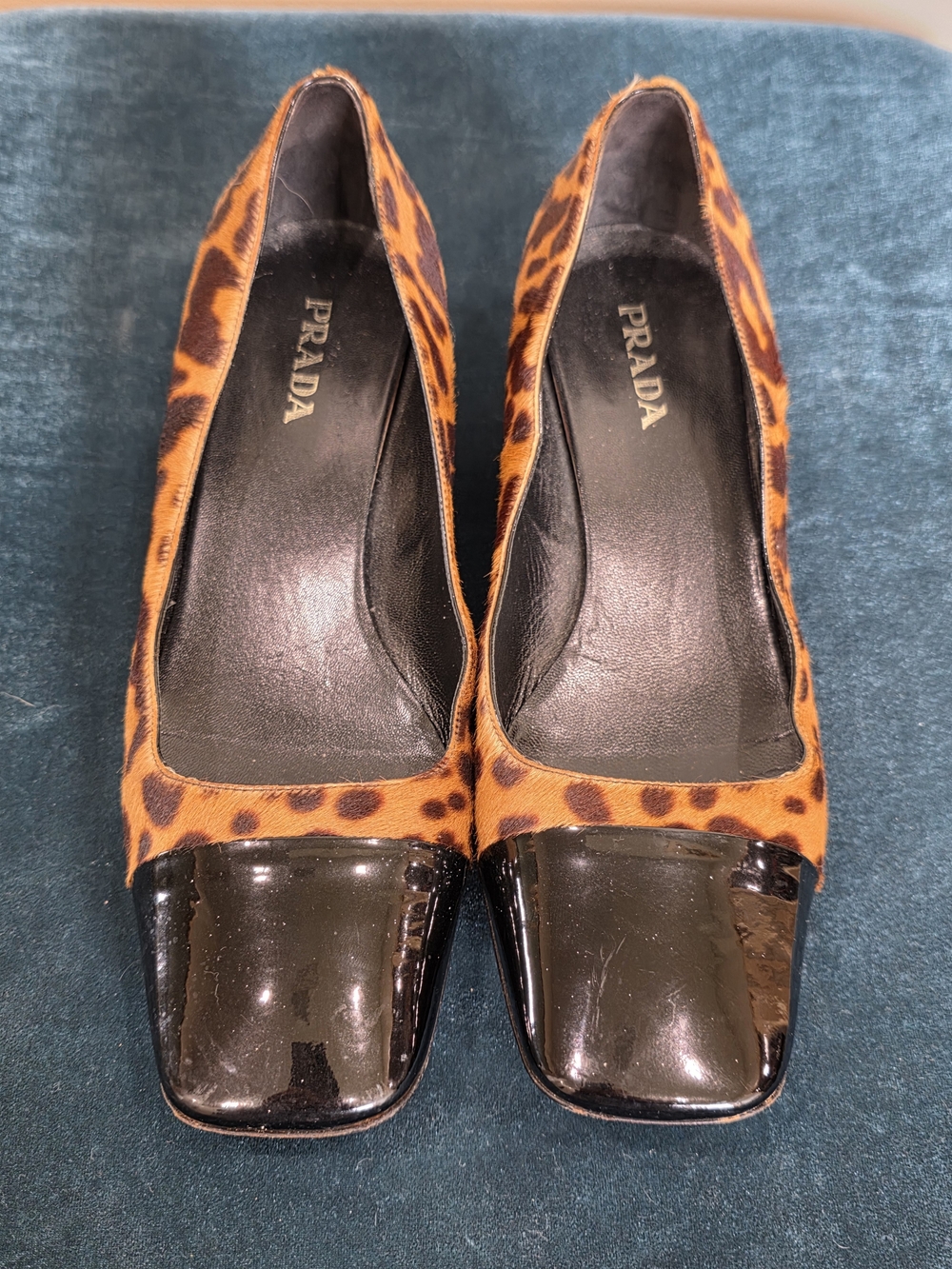 Prada Women’s Leopard Print Leather Cap-Toe Pumps - Orange/Black